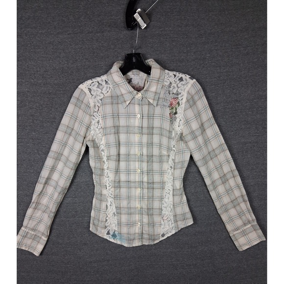 Johnny Was Tops - Johnny Was Shirt  XS Plaid Lace Floral‎ Trim Chic Cottage Core Boho Embroidered